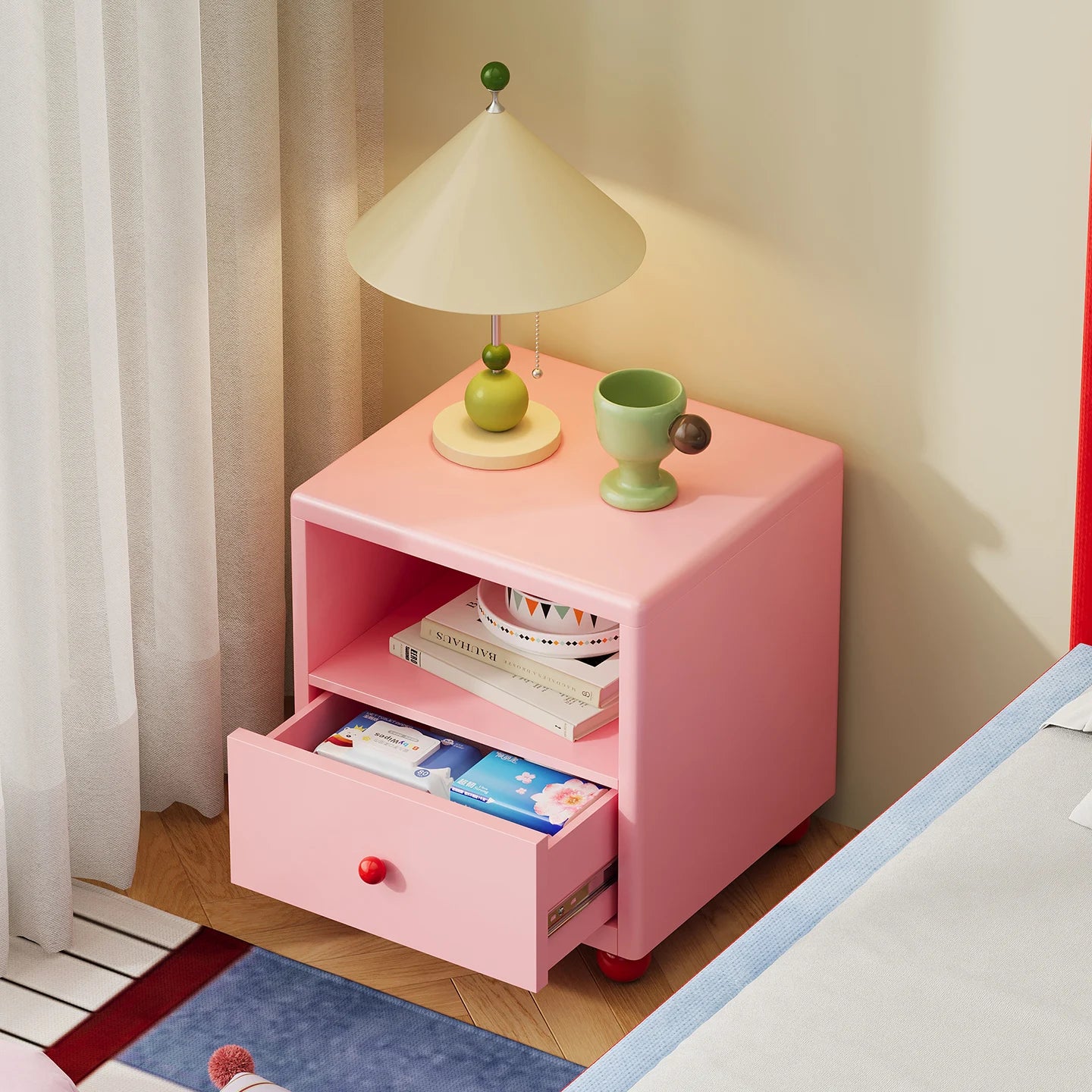 Modern Iron Smart Nightstand with Drawers & Open Shelf Storage-Durable Multifunction Design for Apartment Bedroom and Home Use