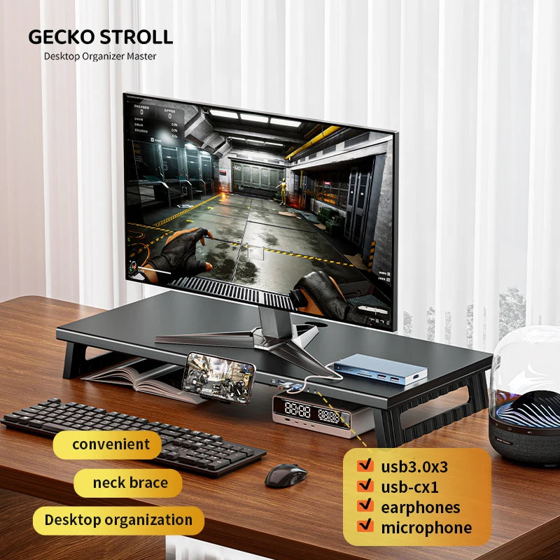 New Multi-Port Metal Monitor Riser Stand with USB3.0 & USB-C-Desktop Organizer for Tidy Workspace & Easy Connect