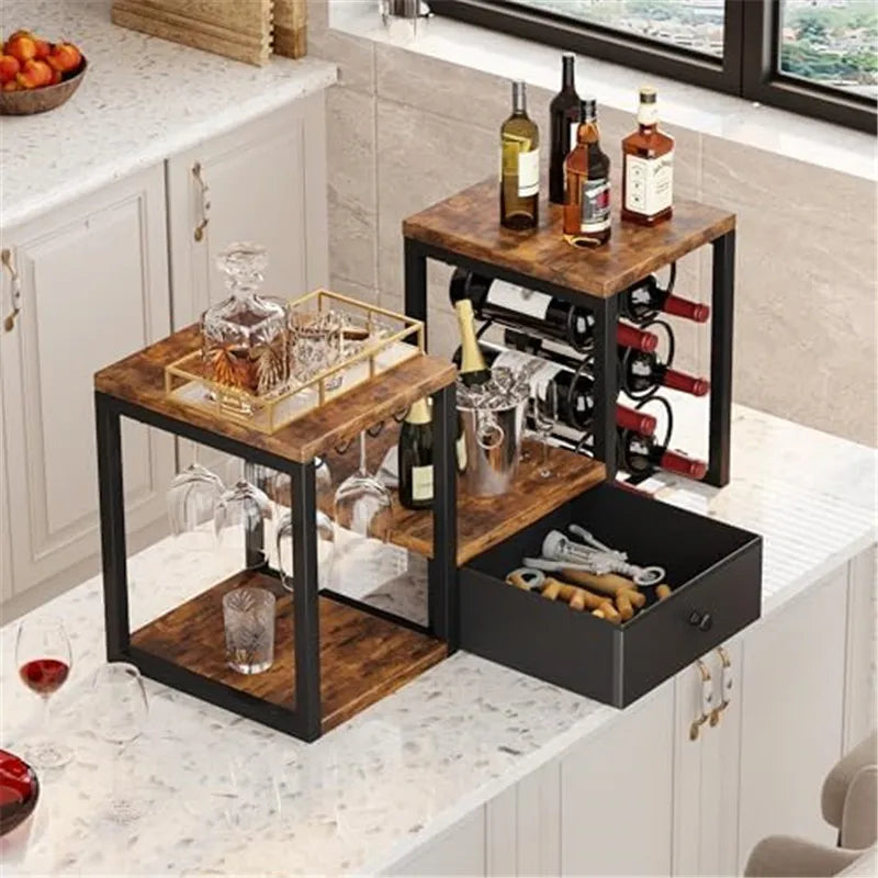 Rustic Wooden Wine Rack with Glass Holder Countertop Wine Rack Wooden Wine Holder with Tray for Home Decor Kitchen Storage
