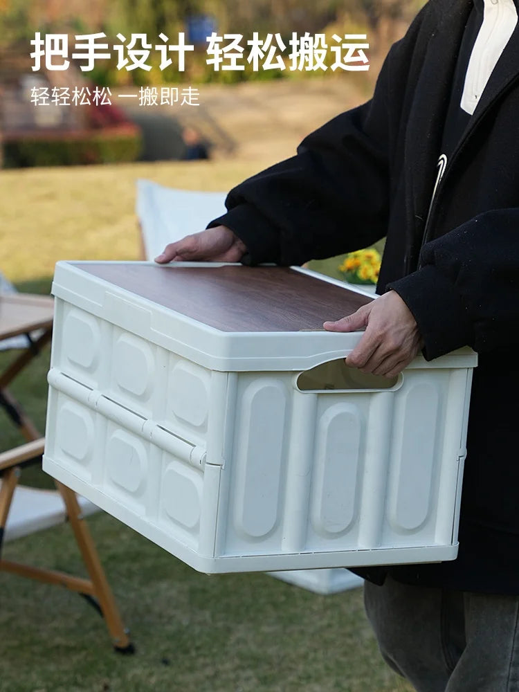 Foldable Plastic Storage Box Stackable Kitchen Tools for Camping Home Car Storage With Wooden Lid Cover