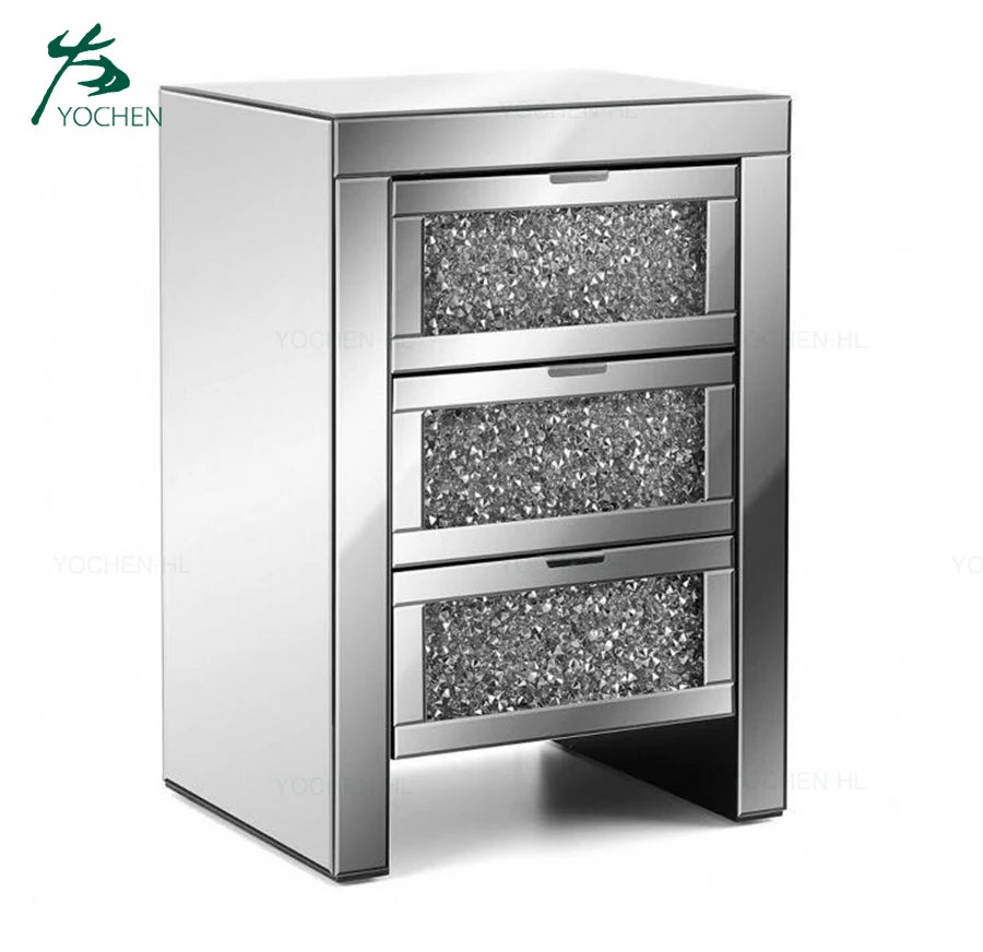 Diamonds Crushed 3 Drawers Glass Mirrored Nightstand Bedroom Bedside Cabinet with Crystal Handles