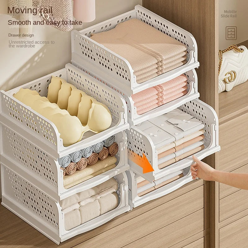 NBD-N6921 Stackable Foldable PP Clothing Organizer Storage Basket for Closet Drawer Shelf Container Box Wardrobe Kitchen Office