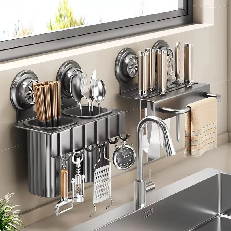 Multi-Functional No-Drill Wall-Mounted Metal Suction Cup Holder Chopstick Cage Knife Towel Storage Kitchen Wall Rack Organizer