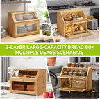 High Capacity 2-Layer Bamboo Bread Box Large Rectangle Wooden Food Storage Bin with Lacquer Technique for Kitchen Counter