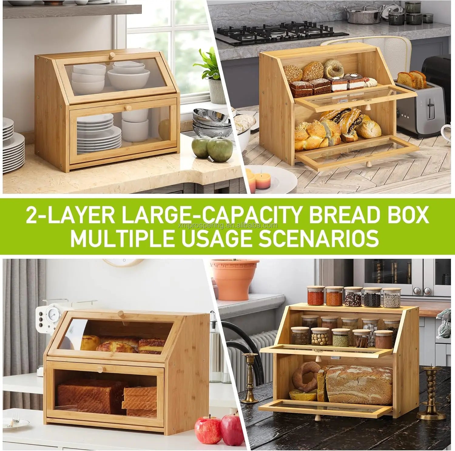 High Capacity 2-Layer Bamboo Bread Box Large Rectangle Wooden Food Storage Bin with Lacquer Technique for Kitchen Counter