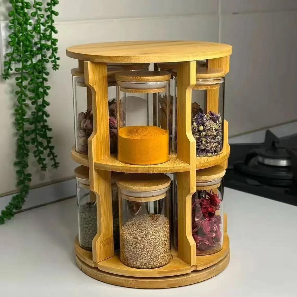 High Borosilicate Glass Kitchen Storage tank with 360 Degree Rotating Wooden Frame Household glassware Container & Glass Jars