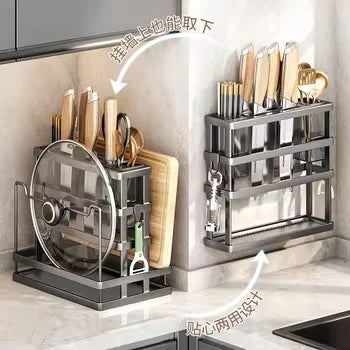 Multi-purpose Double Tier Wall-Mounted Kitchen Storage Cage Carbon Steel Knife & Cutting Board Rack Modern Multi-functional