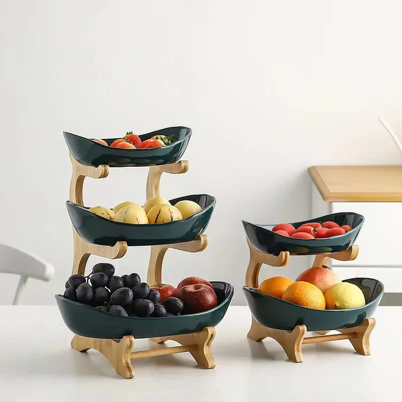 202510 Creative European-Style Three-Layer Fruit Plate Bamboo Rack Household Snack Tray Storage Trays