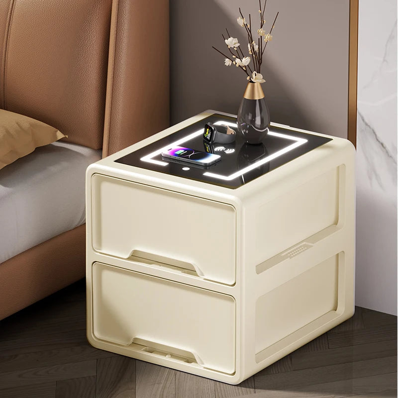 Nightstand Table Fingerprint Unlock Modern Smart Bedside Side Table Black With Wireless Charger Station