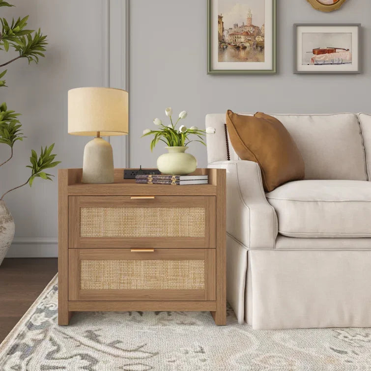 Nightstand (Set of 2) Rattan Nightstand Comes with 2 Power Outlets, 1 Type-C Port Elegant Boho Design Nightstand