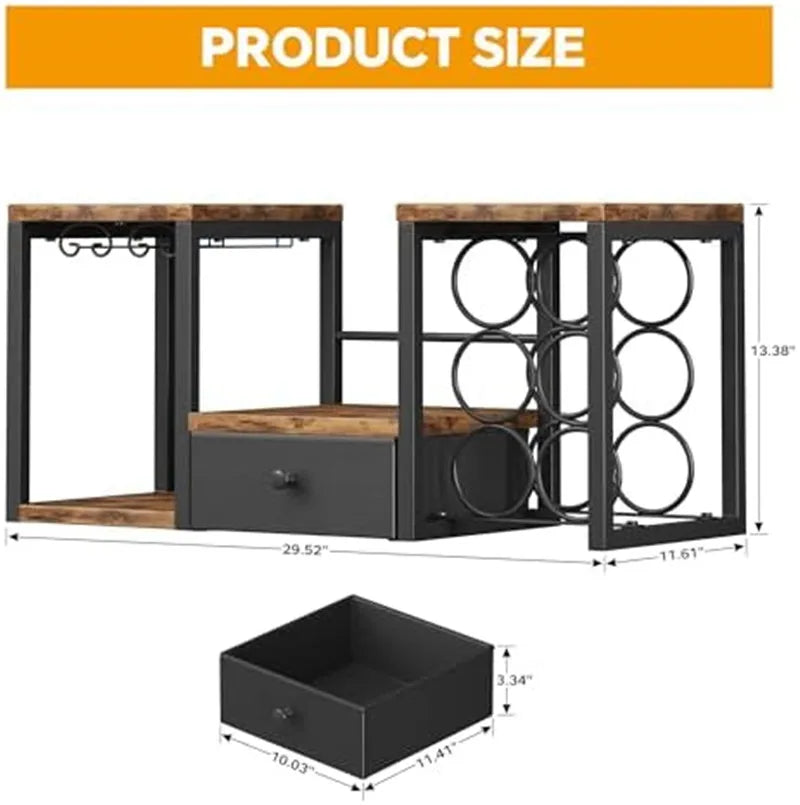 Rustic Wooden Wine Rack with Glass Holder Countertop Wine Rack Wooden Wine Holder with Tray for Home Decor Kitchen Storage