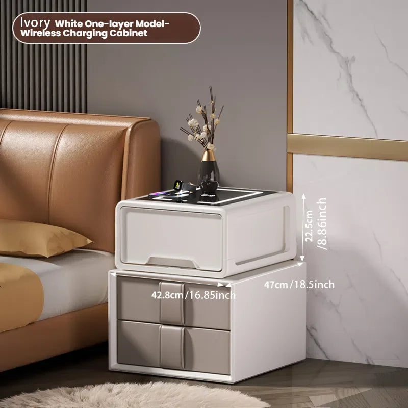 Nightstand Table Fingerprint Unlock Modern Smart Bedside Side Table Black With Wireless Charger Station