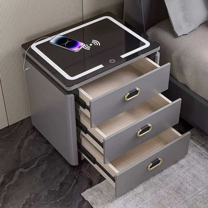 Smart Bed Side Storage Table Wireless Charging 3 Drawers Safe Fingerprint Lock Led Light Cabinet Bedroom Furniture Wholesale