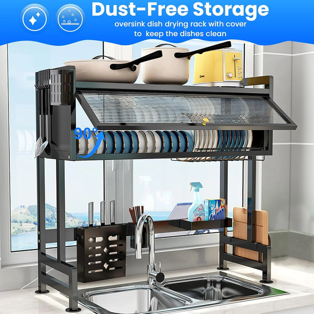 Over the Sink Dish Drying Rack Dish Drainer Racks with Dust-proof Cabinet Door Space-Saving Kitchen Organizer for Dishes