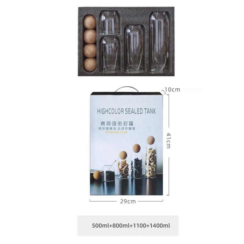 Wholesale Home and Kitchen Borosilicate Glass Storage Containers 4 Piece Suit Glass Spice Storage Jar Set With Cork Lid Ball