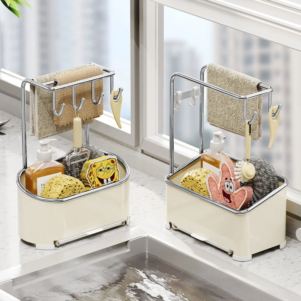 Kitchen Cloth and Towel Drying Rack Punch-free Wall-mounted Storage with Dishcloth Tray and Sink Storage