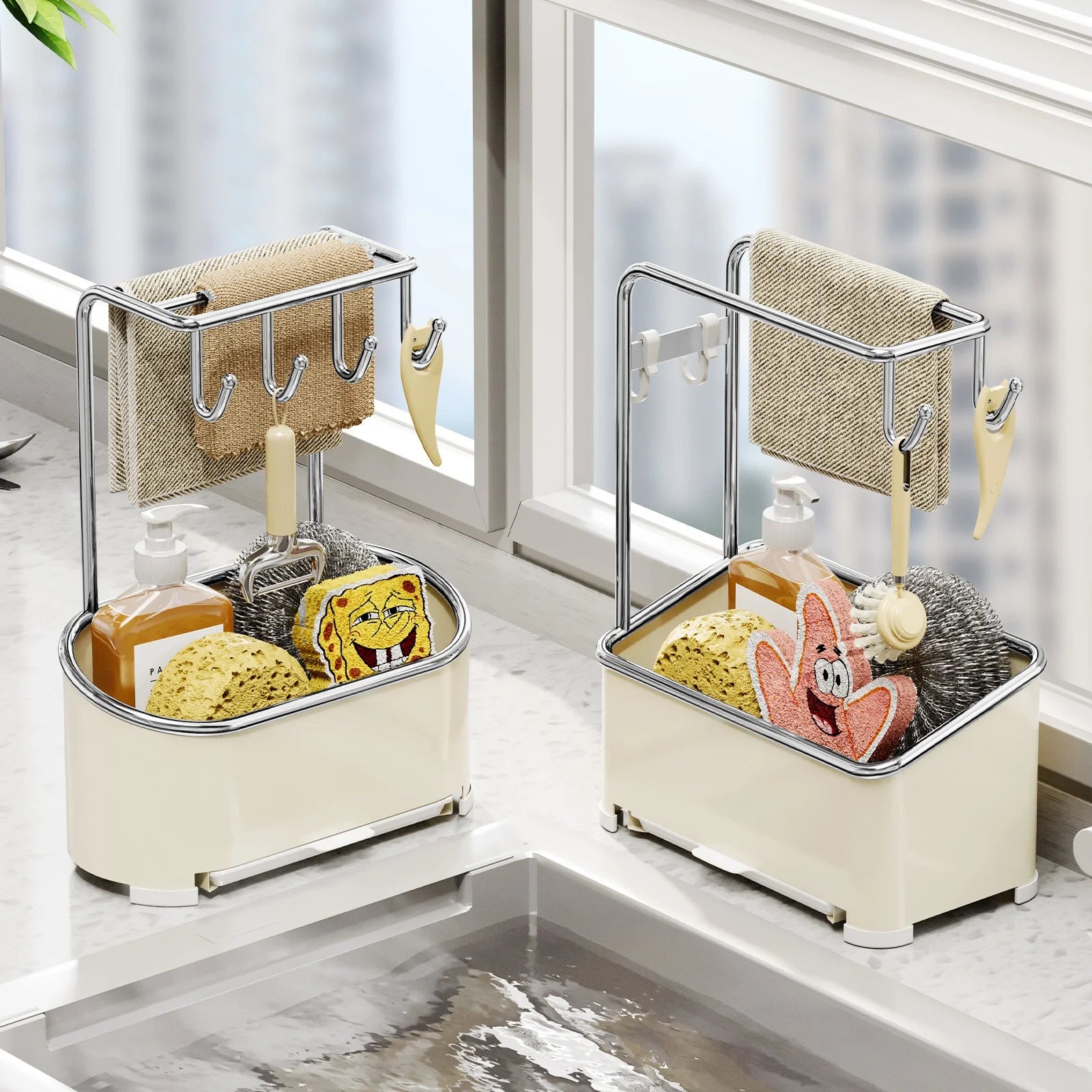 Kitchen Cloth and Towel Drying Rack Punch-free Wall-mounted Storage with Dishcloth Tray and Sink Storage