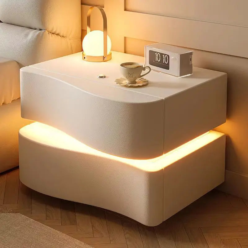 Latest Cream Smart Floating Nightstand with Sensor LED Light Modern Lamp Luxury Bedside Cabinet 2 Drawers Bedroom Furniture