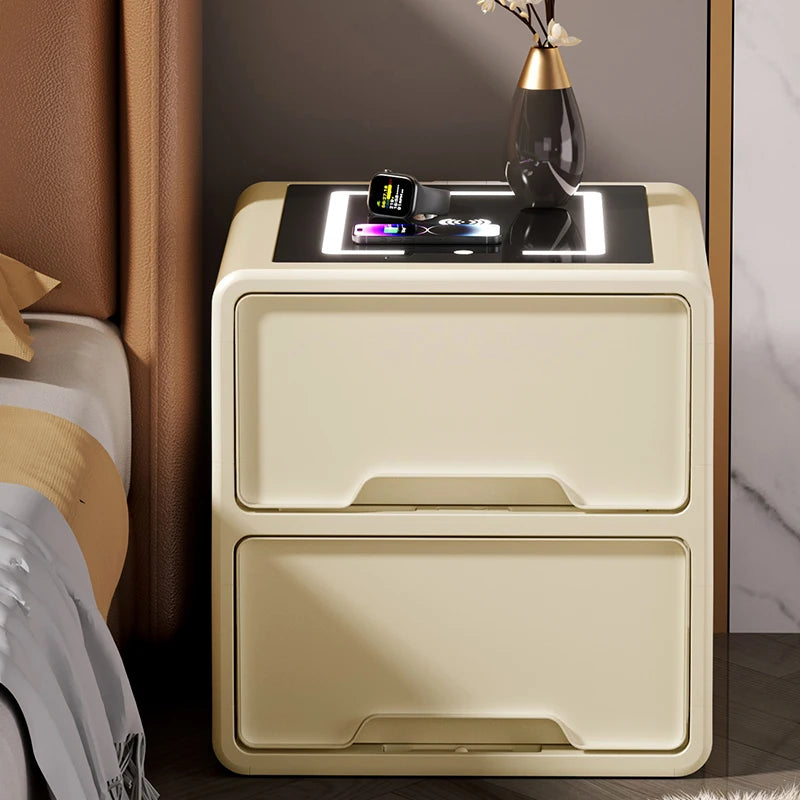 Nightstand Table Fingerprint Unlock Modern Smart Bedside Side Table Black With Wireless Charger Station