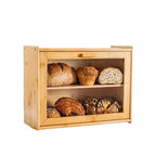 In Stock Modern Eco-friendly Bamboo Double Layer Square Bread Box with Transparent Glass Lid for Kitchen Condiment Storage