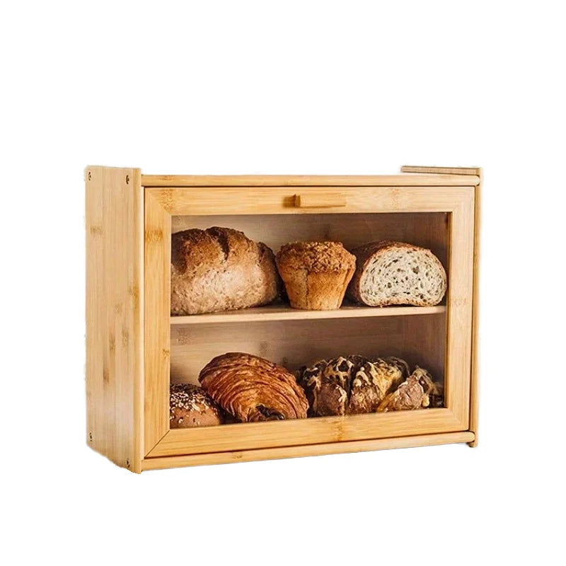 In Stock Modern Eco-friendly Bamboo Double Layer Square Bread Box with Transparent Glass Lid for Kitchen Condiment Storage