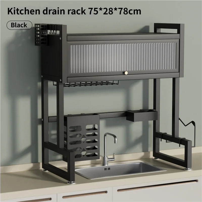 Over the Sink Dish Drying Rack Dish Drainer Racks with Dust-proof Cabinet Door Space-Saving Kitchen Organizer for Dishes