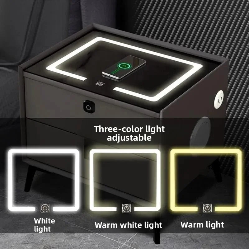 Modern Solid Wood Nightstands Multi-Functional Smart Bedside Cabinet Light Fingerprint Lock Wireless Charging Bluetooth Bedroom