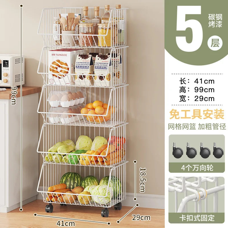 Modern Simple Floor Standing 5-Tier Non-Folding Movable Kitchen Storage Rack for Home Use