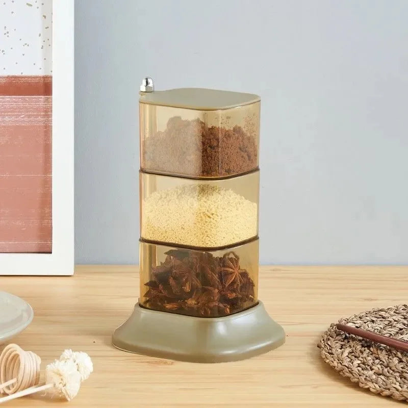 Quality Upgraded Multi-layer Rotating Plastic Spice Rack with Spoons Kitchen Condiment Storage Box Seasoning Organizer Container