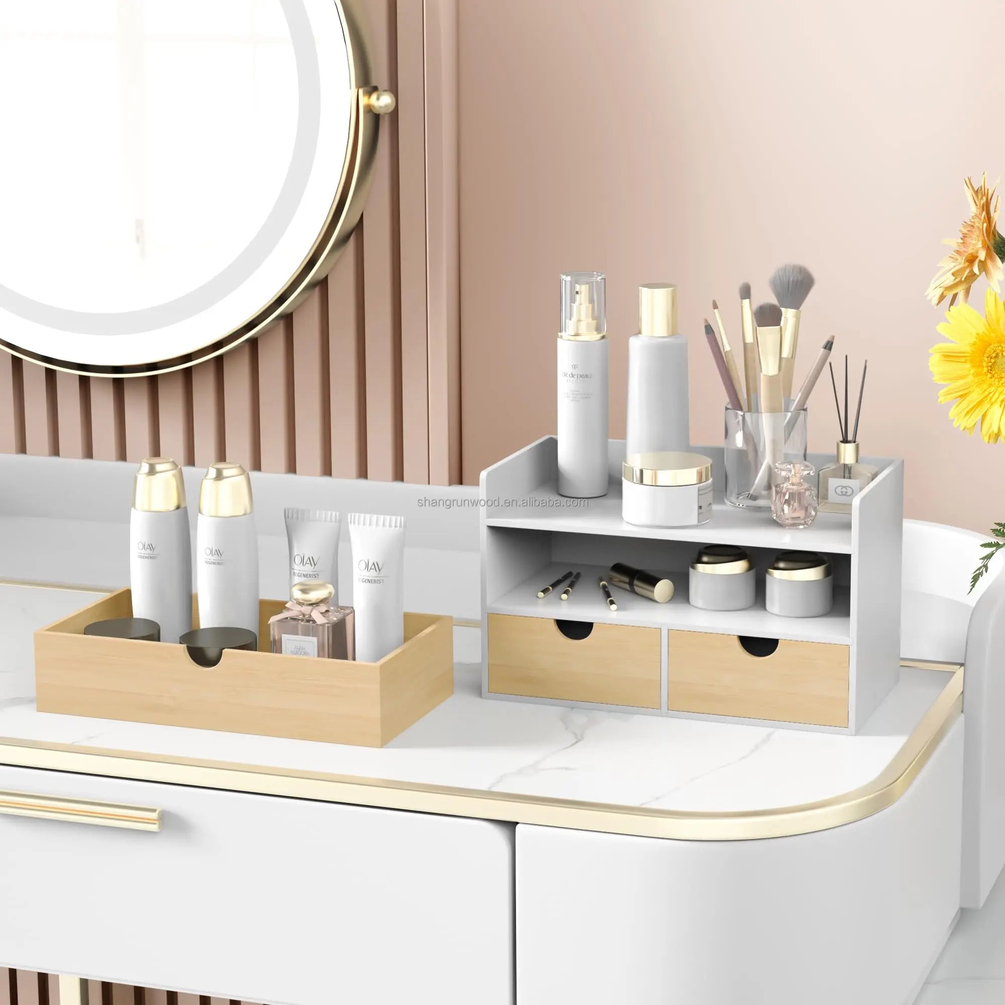 Custom Office Nature Wooden Desktop Organizer Bamboo Desk Storage Boxes Wood Desk Office Accessories Organizer