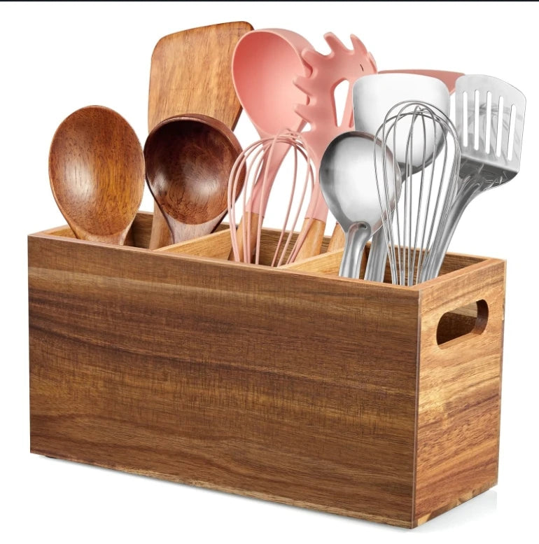 Rectangle Wooden Acacia Wood Handcrafted 3 Compartment Utensil Holder Silverware Organizer for Kitchen Counter Storage