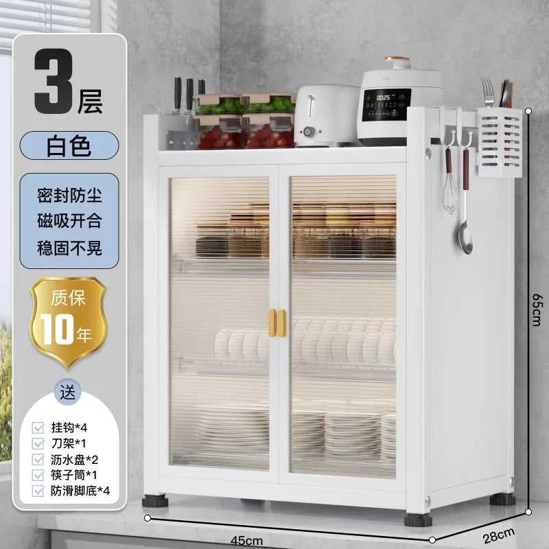 Three Layer Large Capacity Kitchen Steel Storage Holders Storage Shelf Dustproof Kitchen Storage Cabinet With Doors
