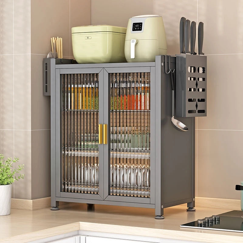 Three Layer Large Capacity Kitchen Steel Storage Holders Storage Shelf Dustproof Kitchen Storage Cabinet With Doors