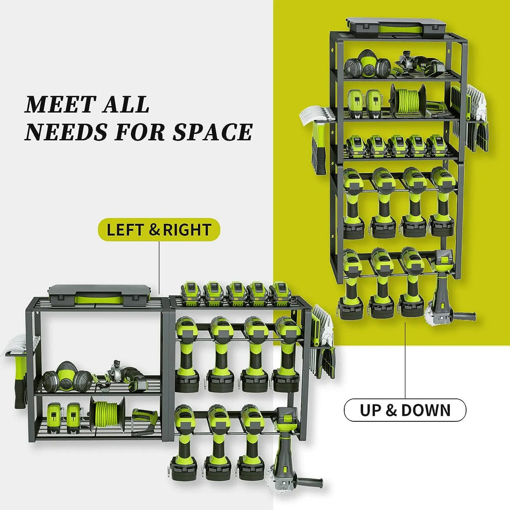 Multifunctional Black Carbon Steel Power Tool Organizer Drill Holder with Five-Tier Wall Mount Rectangle Garage Use Utility Rack