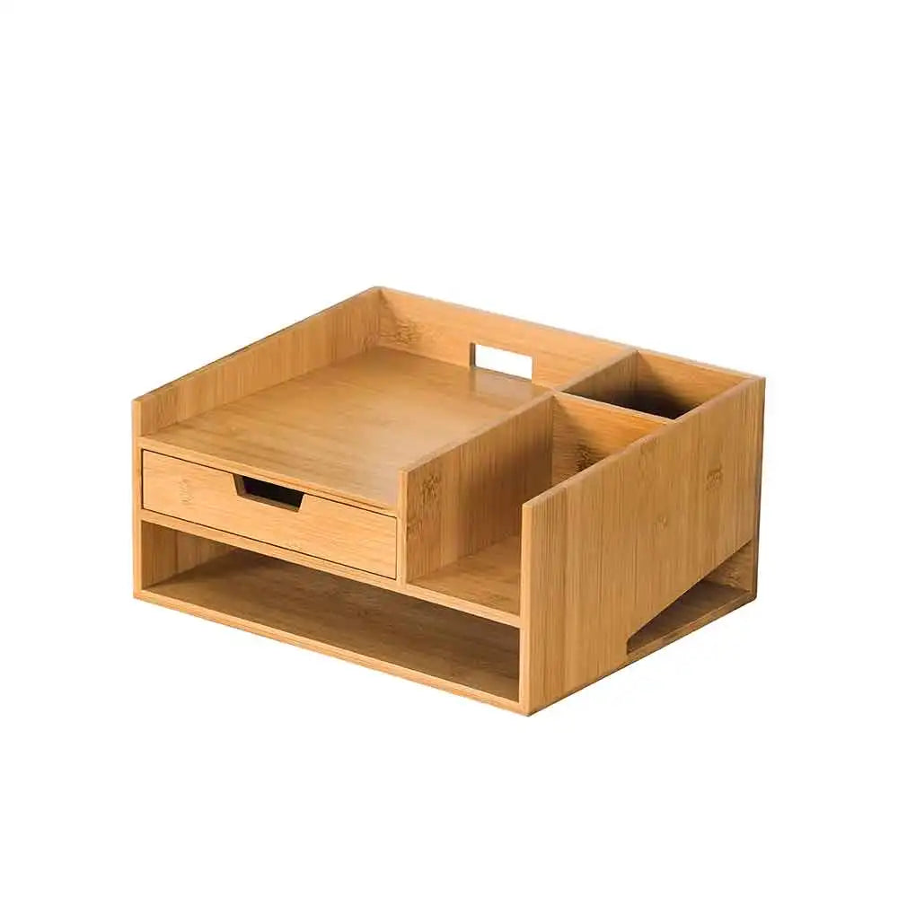 Multi-Use Bamboo Desktop Storage Unit Office Stationery Paper Tray Organizer with Drawer for Living Room Single Tier