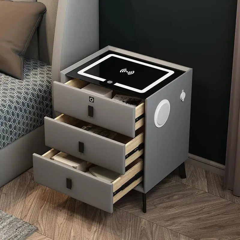 Modern Solid Wood Nightstands Multi-Functional Smart Bedside Cabinet Light Fingerprint Lock Wireless Charging Bluetooth Bedroom