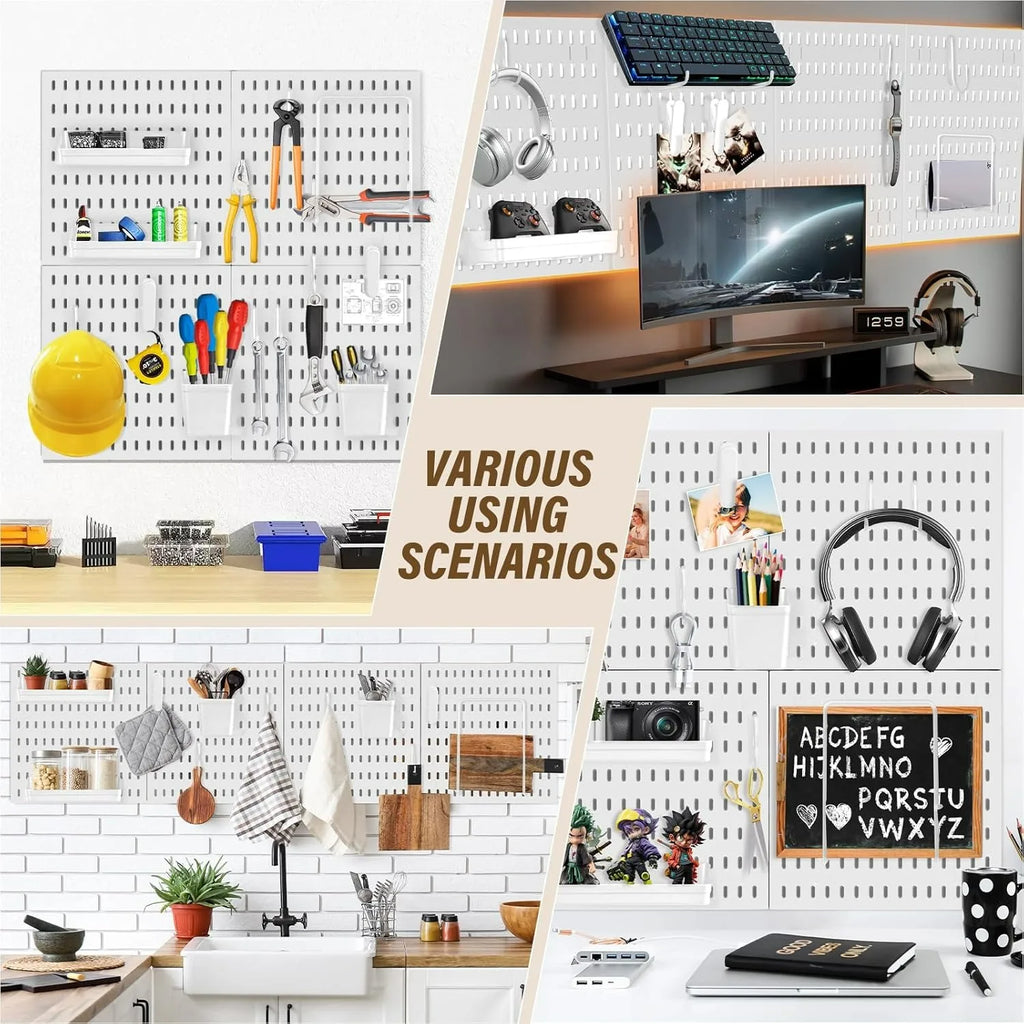 White Metal Kitchen Pegboard Organizer Wall Mounted Storage Panel with Hooks and Accessories - Rack Board for Home Space Saving