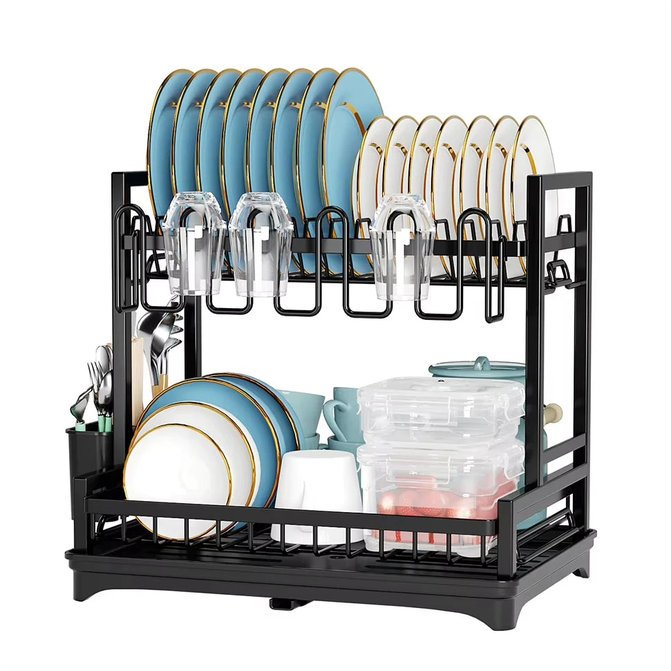 Double-Layer Dish Rack Kitchen Countertop Storage Rack Multifunctional Carbon Steel Dish Drying Rack