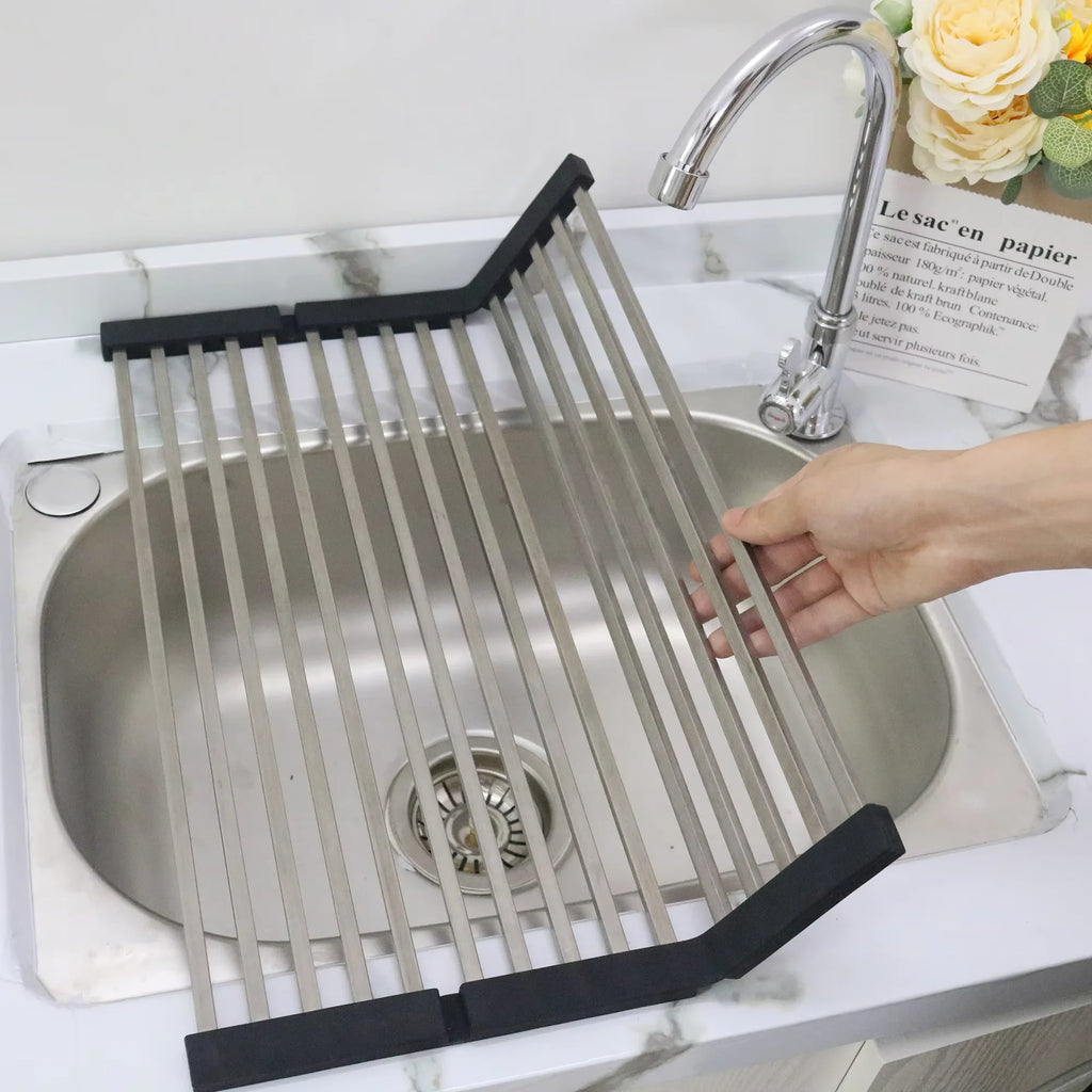 High Quality Multifunction Stainless Steel Roll up Silicone Dish Drying Rack Kitchen Storage Holder & Rack