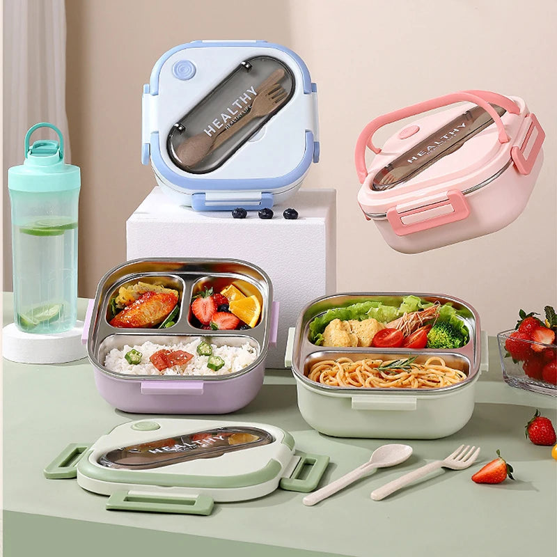 Square 304 Stainless Steel Bento Box 2-3 Compartments Leak Proof Portable Lunch Box Food Storage Container