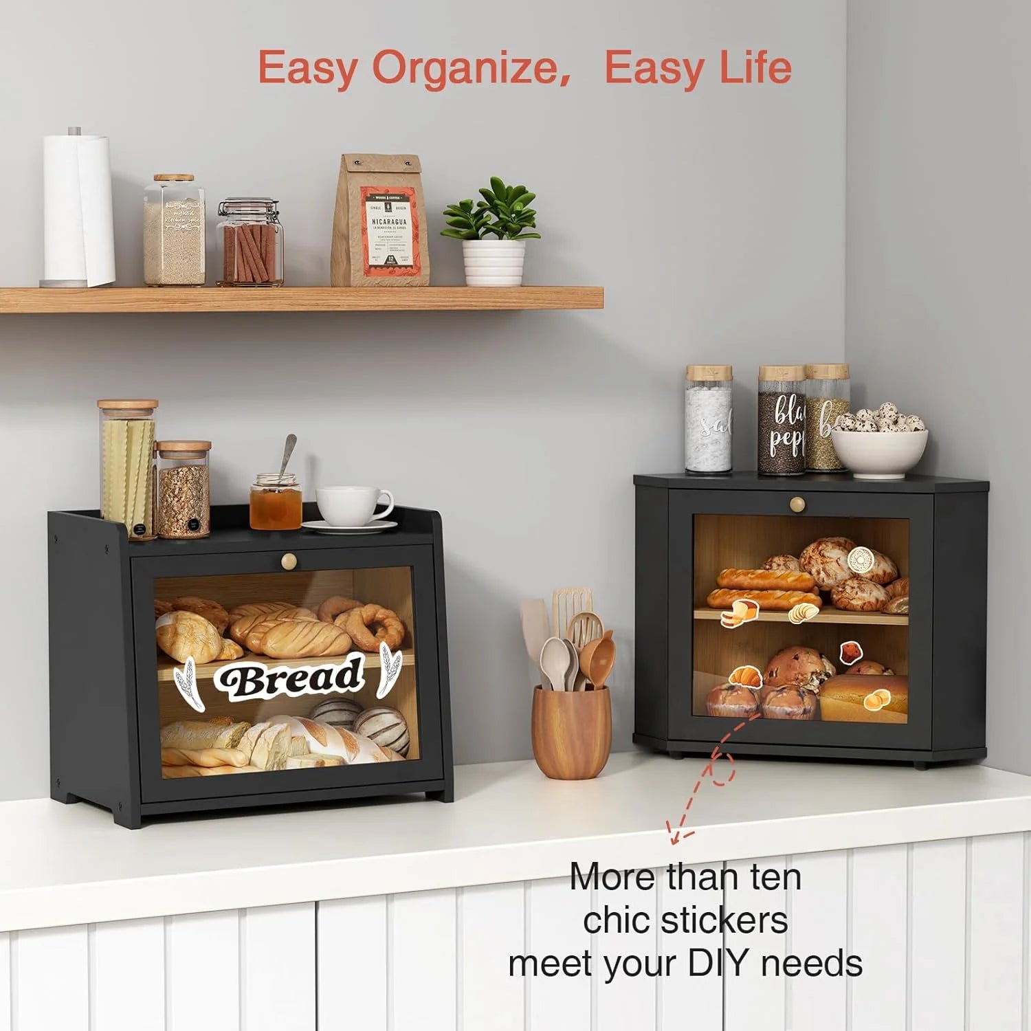 SINCERE Black Bamboo Double Layer Large Kitchen Organizer Wooden Corner Bread Box Countertop Cabinet PP Homemade Bread Storage