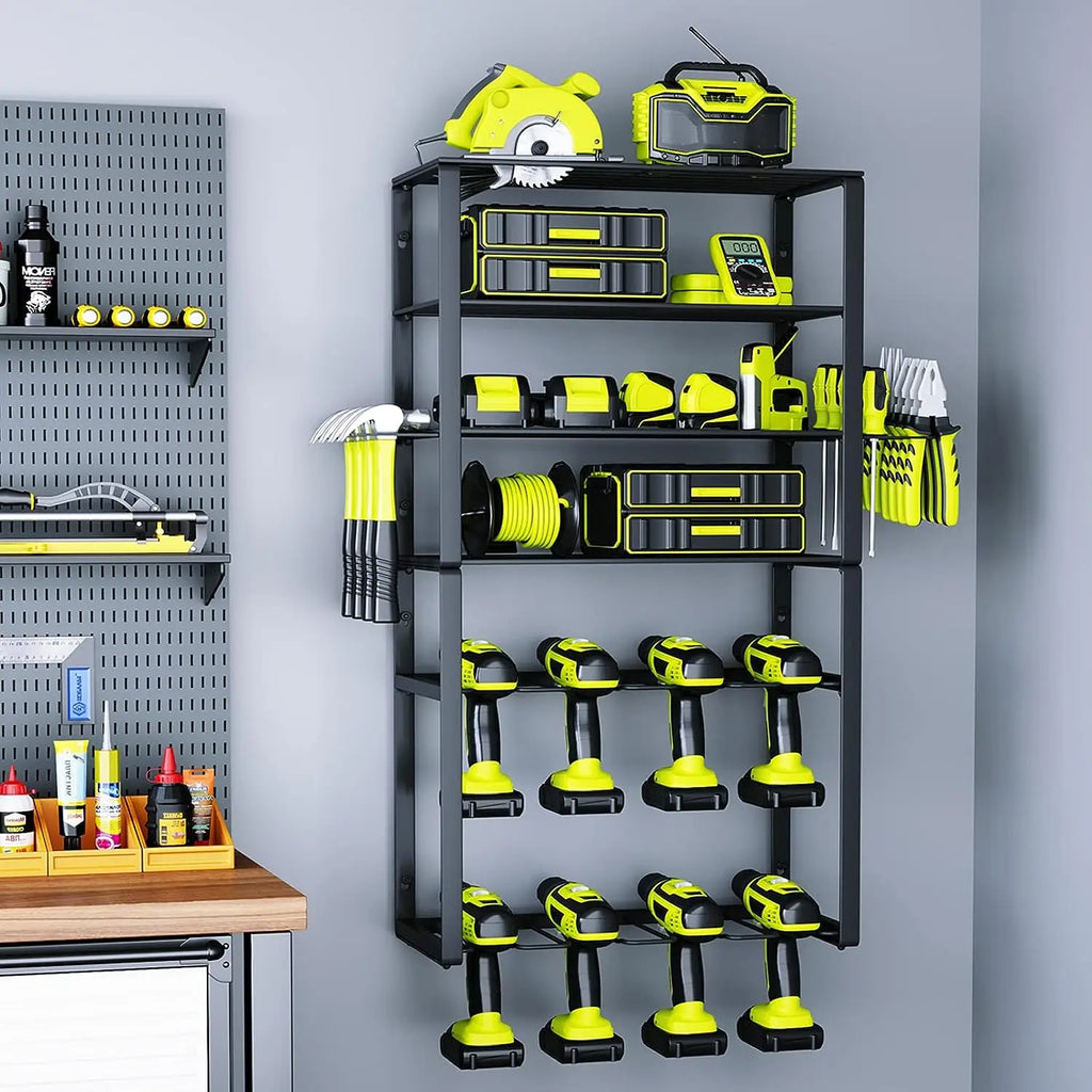 Multifunctional Black Carbon Steel Power Tool Organizer Drill Holder with Five-Tier Wall Mount Rectangle Garage Use Utility Rack