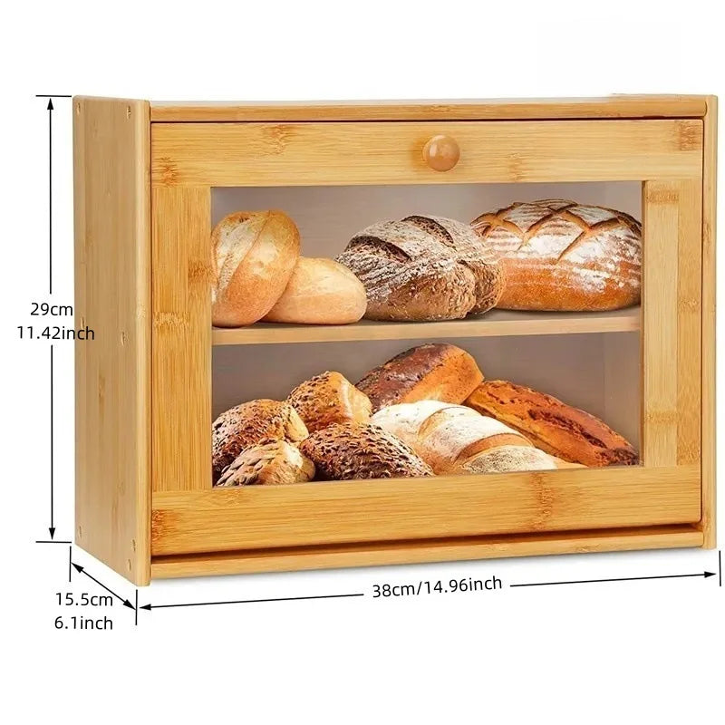 In Stock Modern Eco-friendly Bamboo Double Layer Square Bread Box with Transparent Glass Lid for Kitchen Condiment Storage