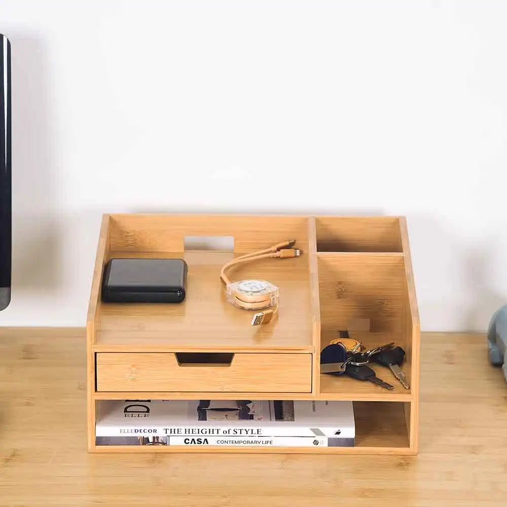 Multi-Use Bamboo Desktop Storage Unit Office Stationery Paper Tray Organizer with Drawer for Living Room Single Tier