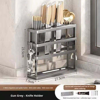Multi-purpose Double Tier Wall-Mounted Kitchen Storage Cage Carbon Steel Knife & Cutting Board Rack Modern Multi-functional