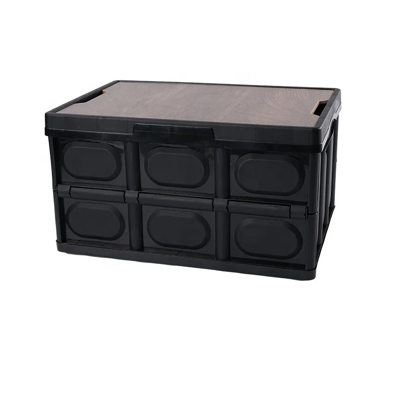 Foldable Plastic Storage Box Stackable Kitchen Tools for Camping Home Car Storage With Wooden Lid Cover