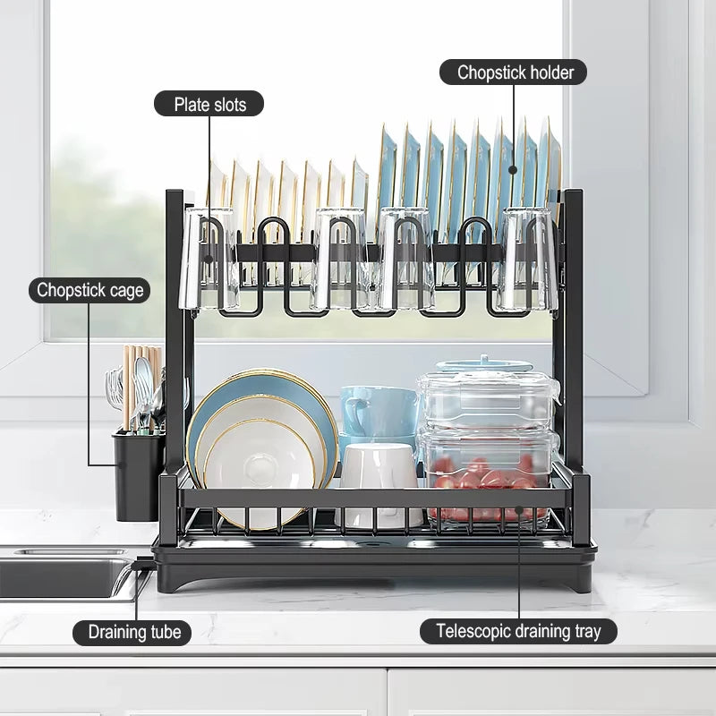 Double-Layer Dish Rack Kitchen Countertop Storage Rack Multifunctional Carbon Steel Dish Drying Rack