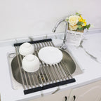 High Quality Multifunction Stainless Steel Roll up Silicone Dish Drying Rack Kitchen Storage Holder & Rack