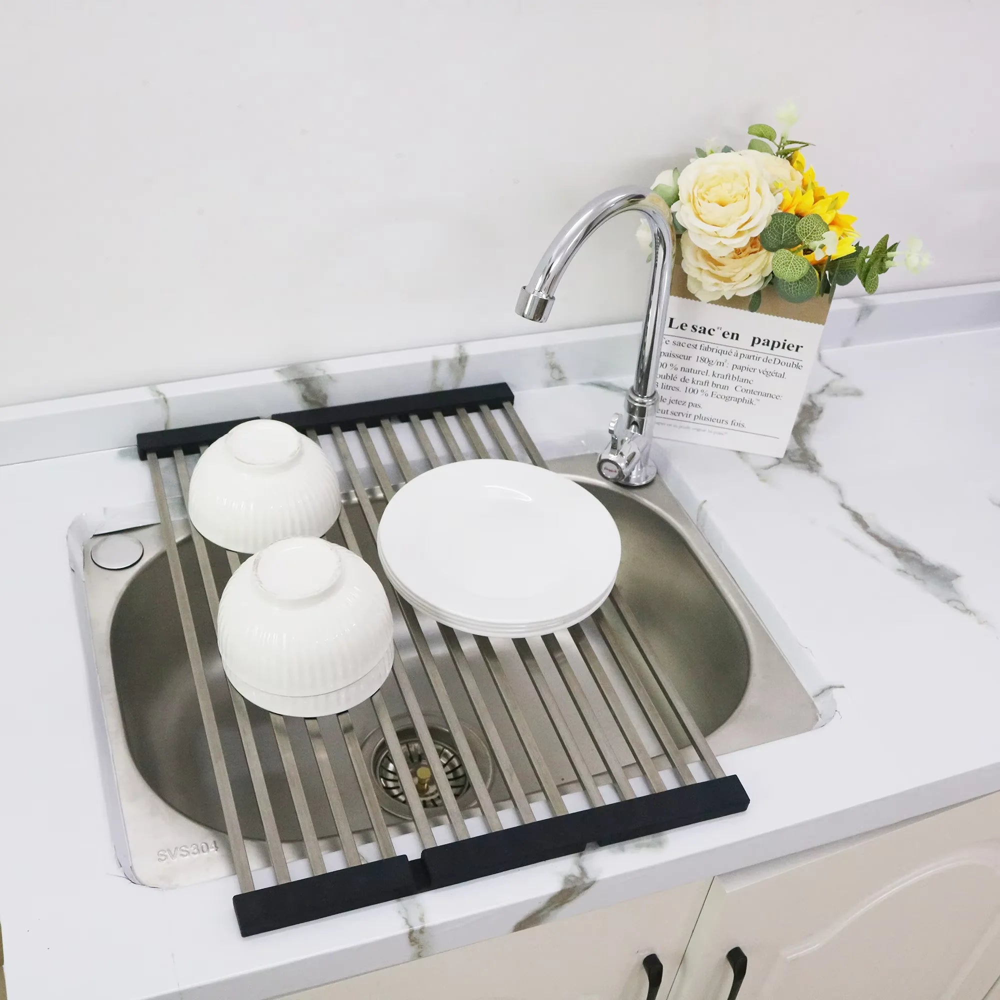 High Quality Multifunction Stainless Steel Roll up Silicone Dish Drying Rack Kitchen Storage Holder & Rack