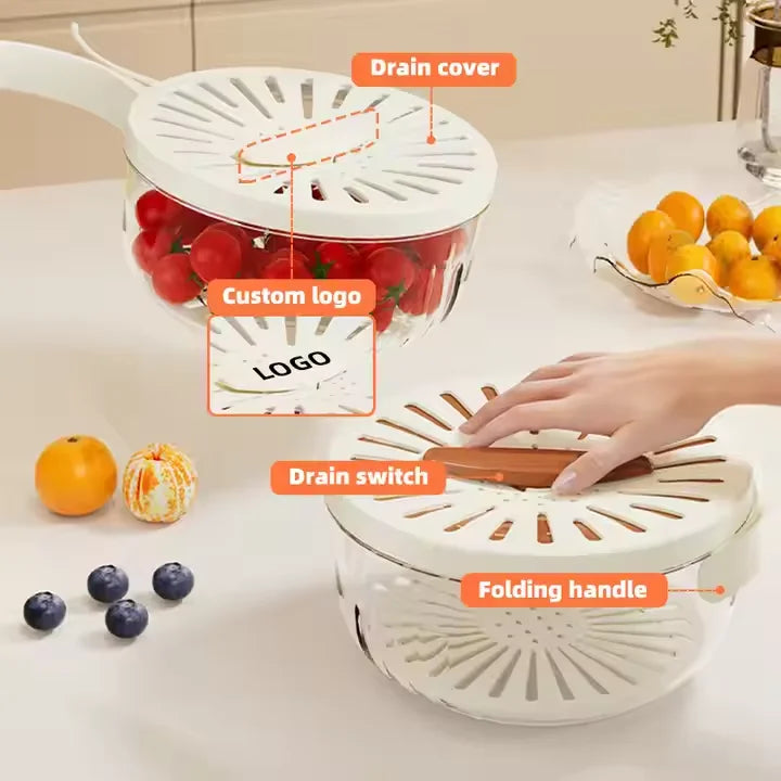 Fruit&Vegetable Wash Basket Kitchen Food Storage & Container With Folding Handle and Drain Function for Food Use